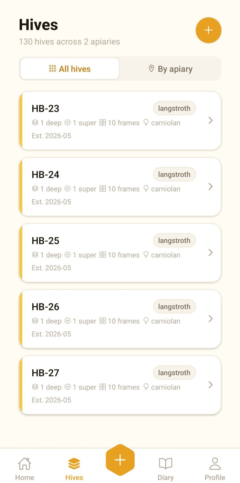Snimak ekrana HivePulse aplikacije: Lista košnica
