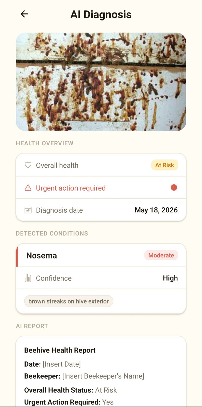 Snimak ekrana HivePulse aplikacije: AI dijagnostika